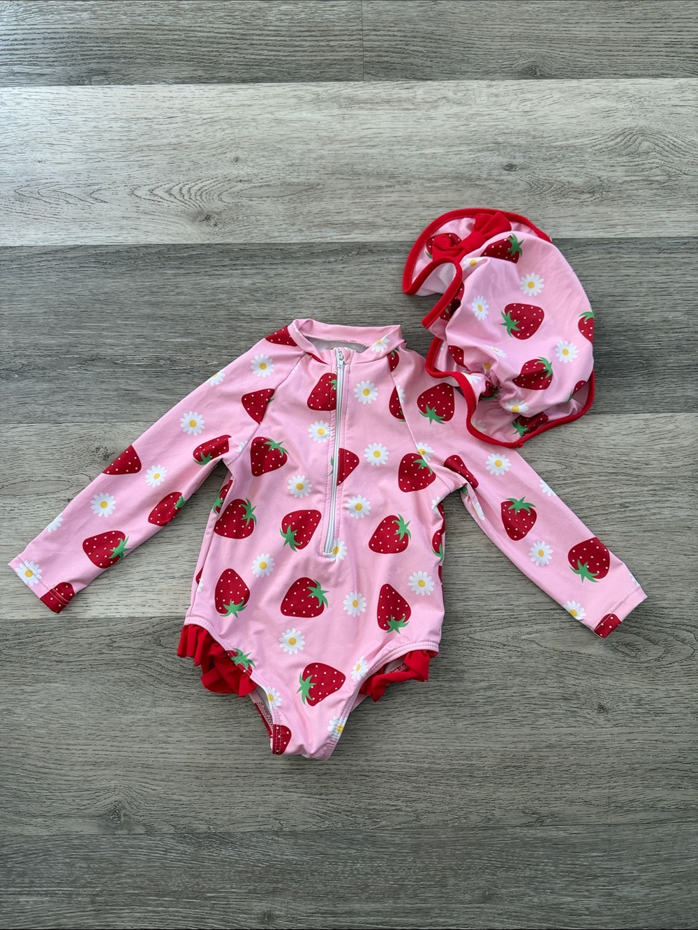 Girls Pink Strawberry Long-Sleeve Swim Suit with Swim Cap